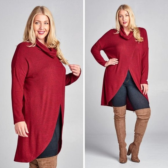 Boutique Sweaters - Hacci Brush Cowl Neck Long Blouse Top Plus Size
